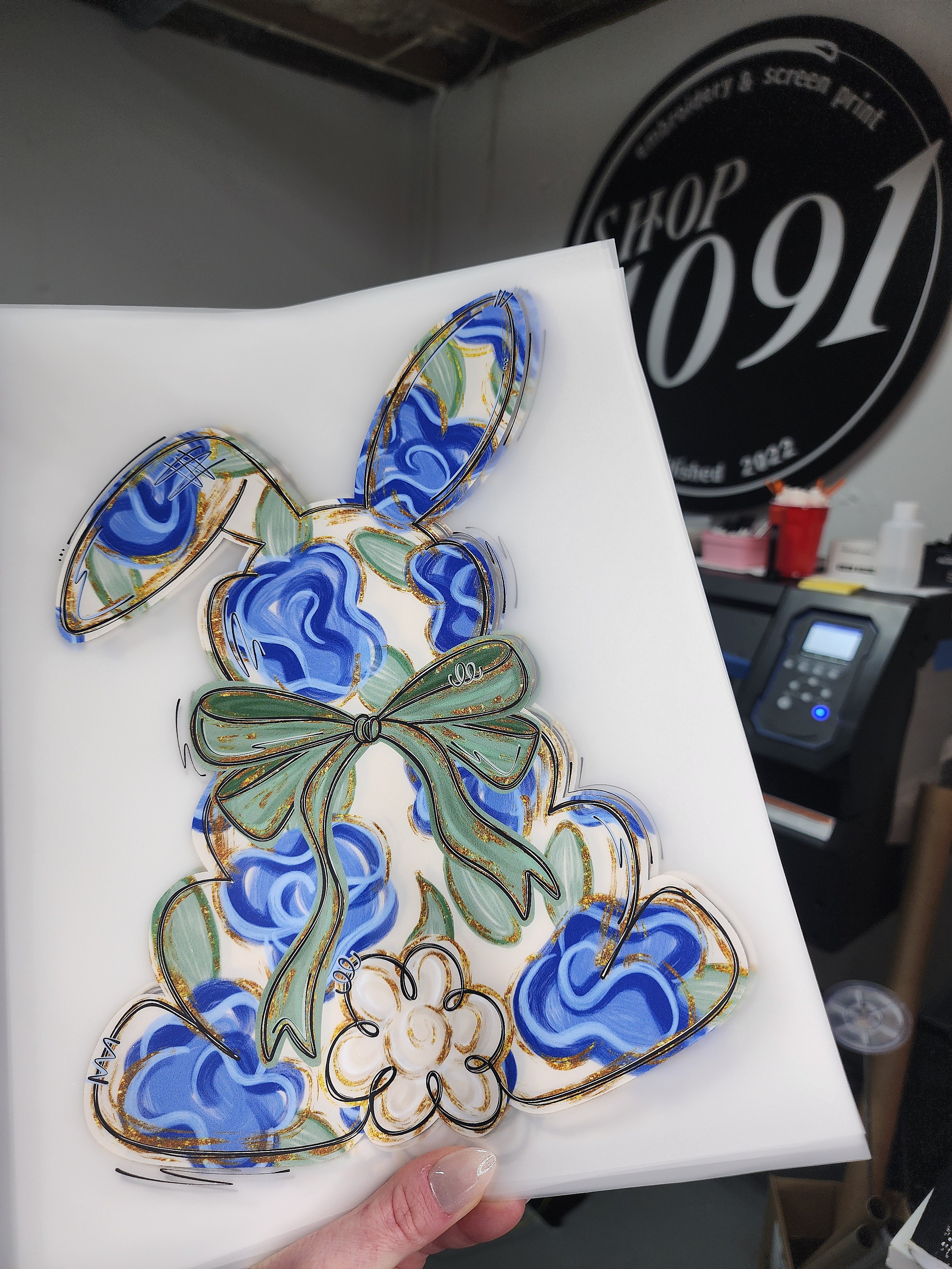 Blue Floral Silhouette Bunny
