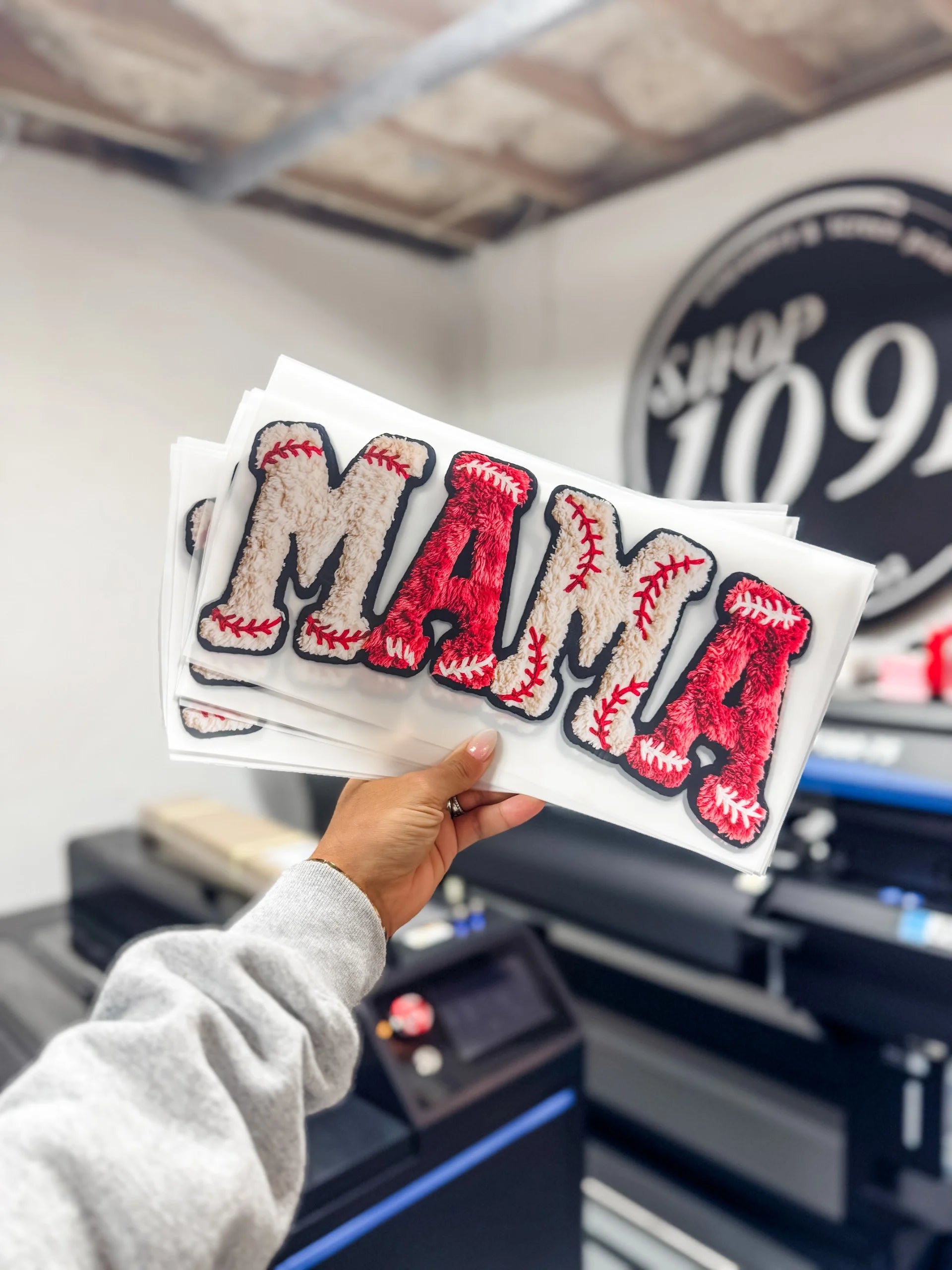 Faux Embroidered Chenille Baseball MAMA 3D DTF Transfer